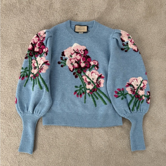 Gucci light blue Intarsia puff sleeve wool sweater - Picture 3 of 10